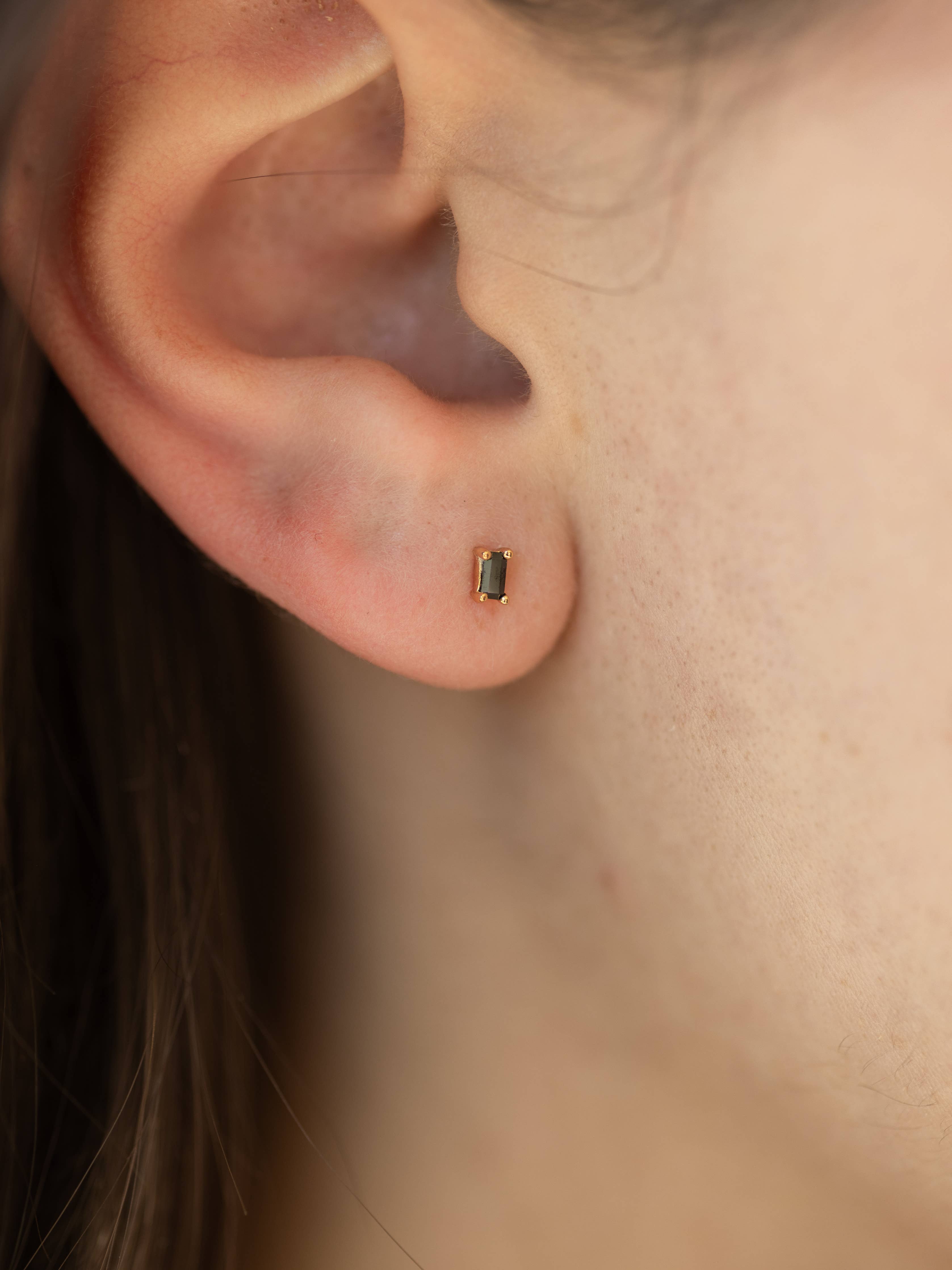 Dara Black CZ Baguette Stud Earrings in Gold