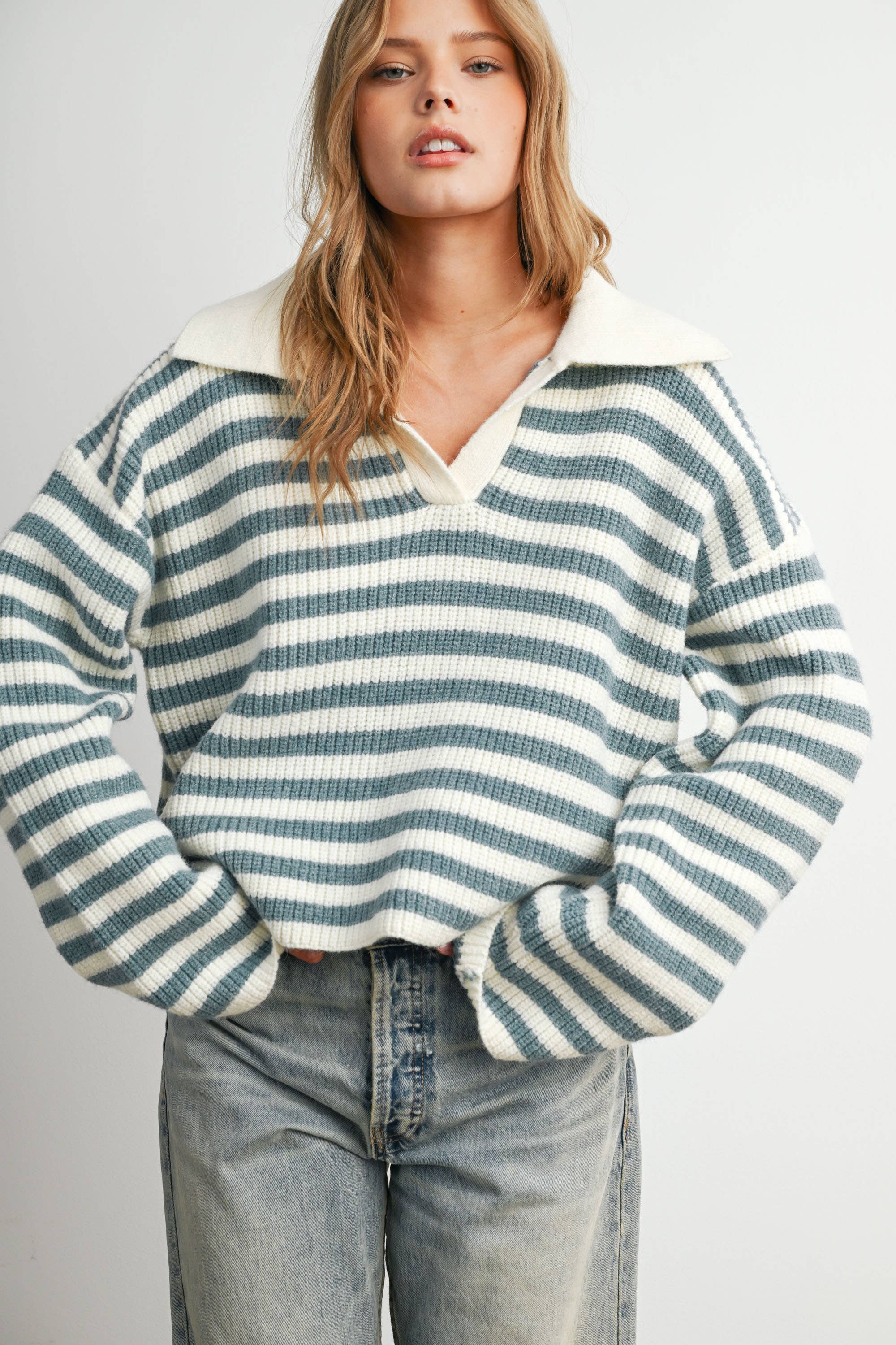 Striped Collared Knit Sweater