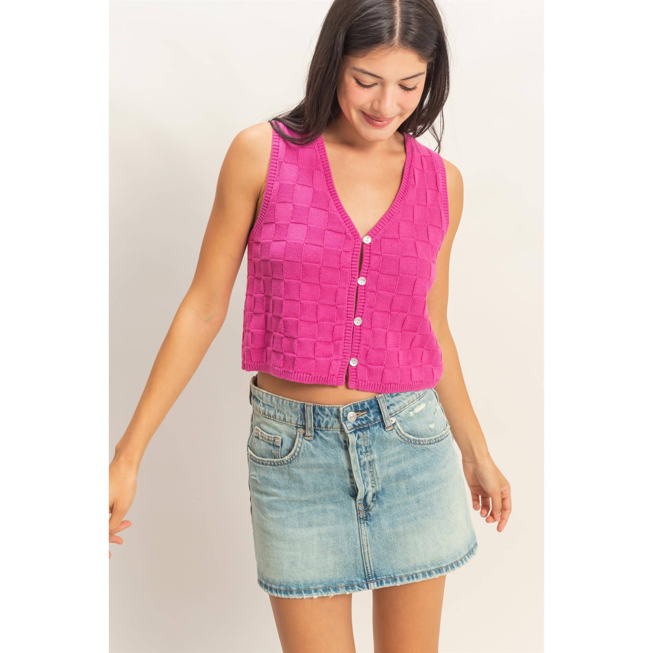 Checkered V-Neck Sleeveless Vest
