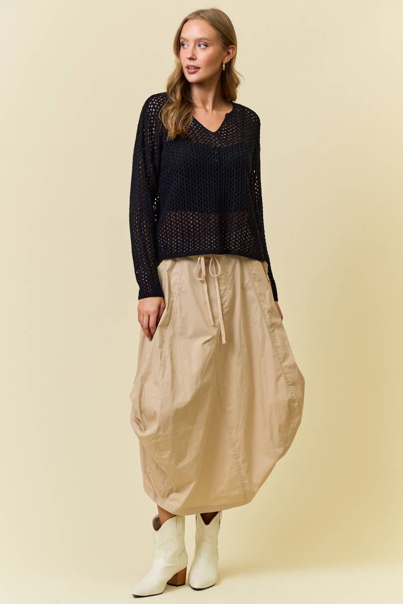 Split V-Neck Long Sleeve Open-Knit Sweater Top