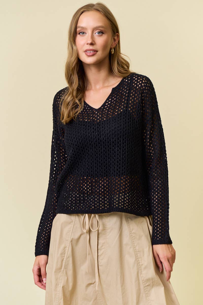 Split V-Neck Long Sleeve Open-Knit Sweater Top