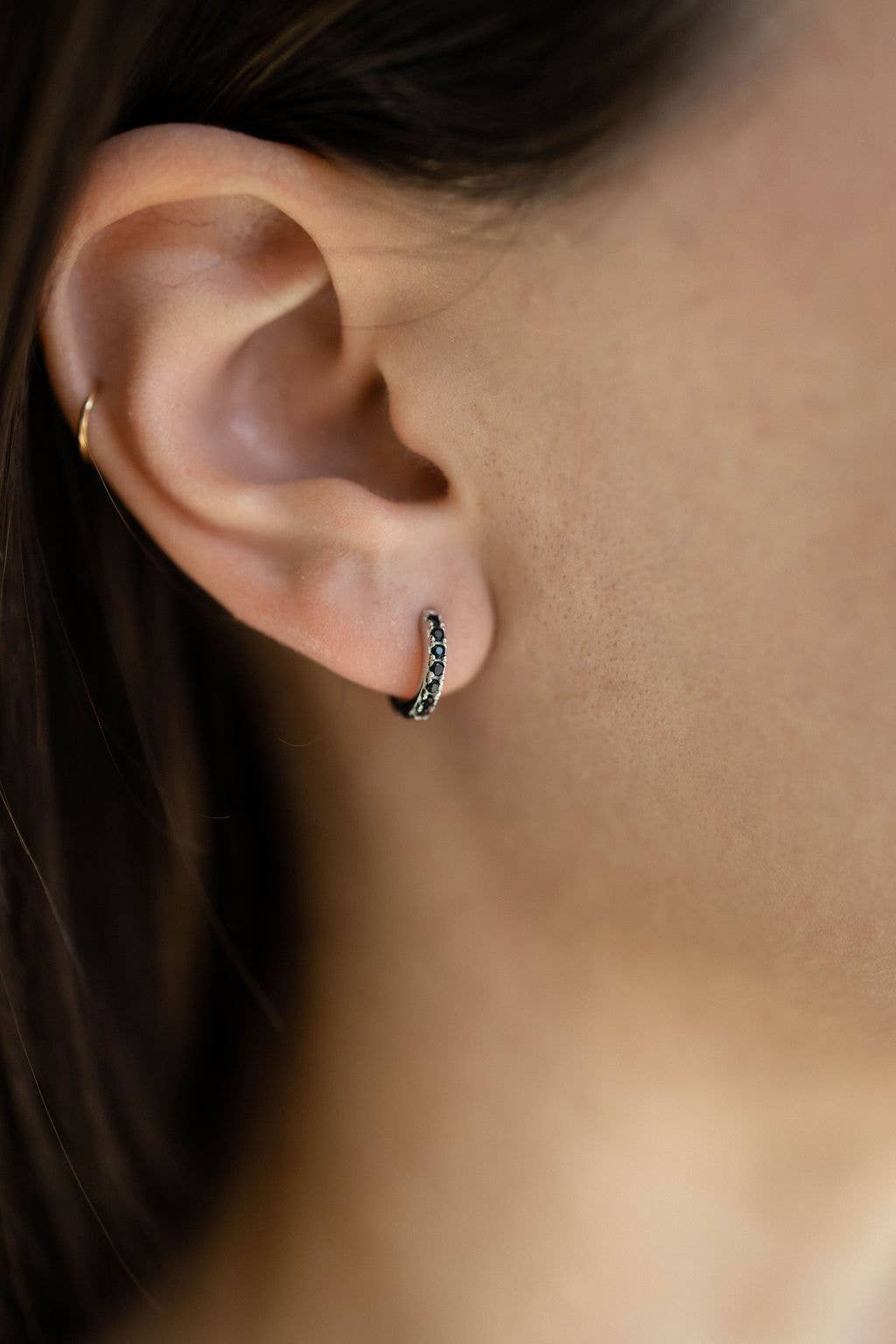 Black CZ Diamond Huggie Hoops Earrings in Silver