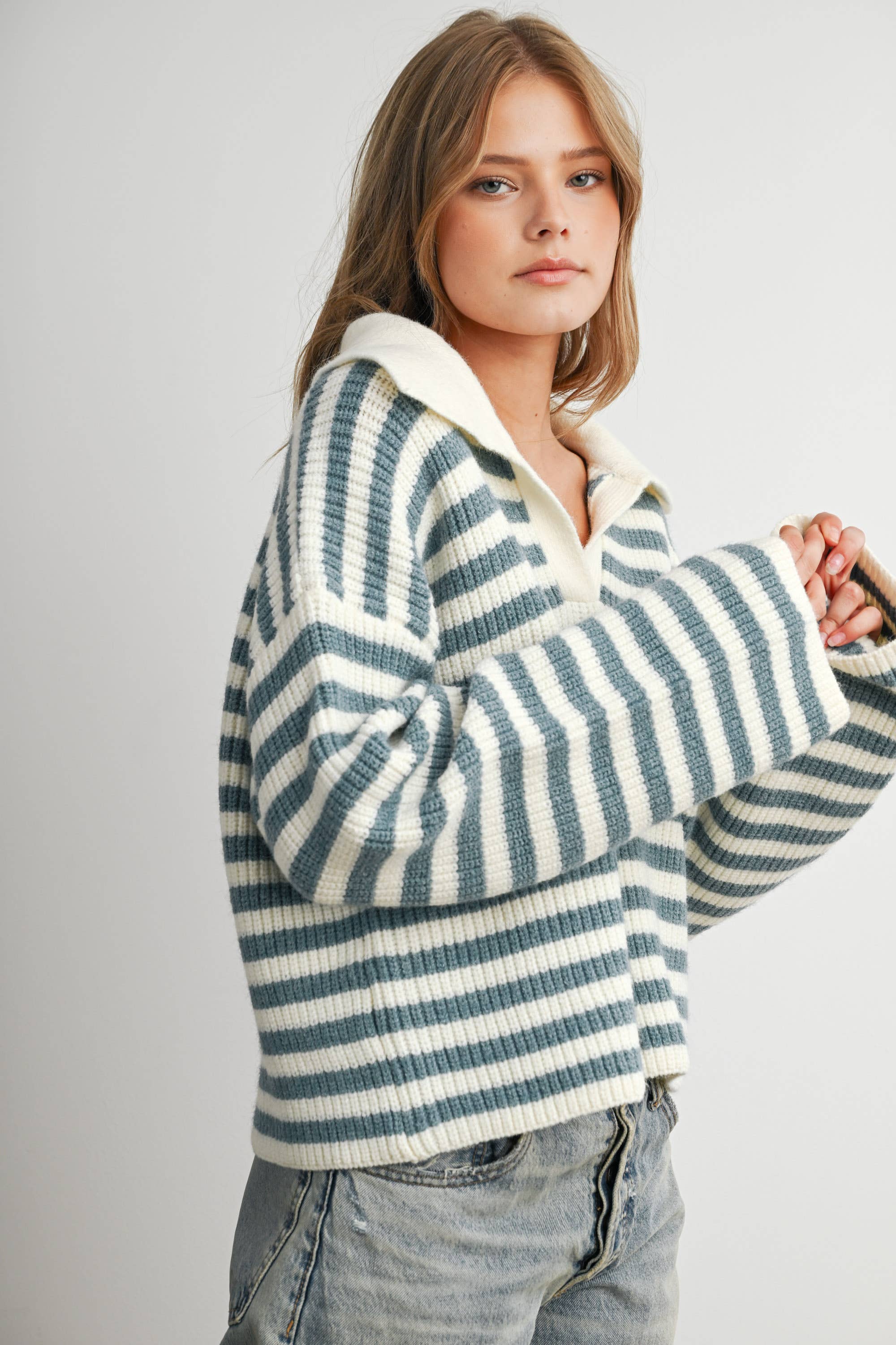 Striped Collared Knit Sweater