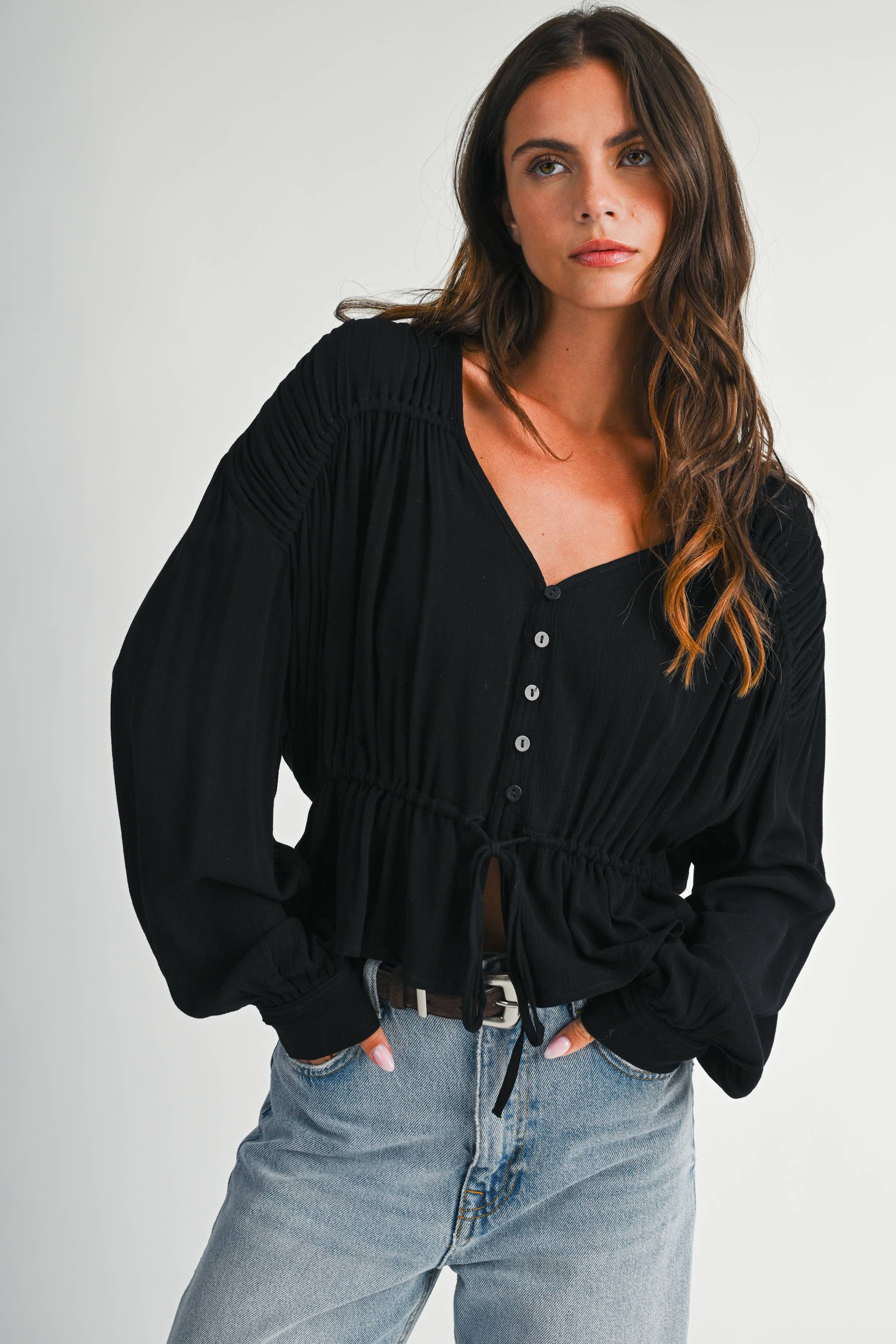 Textured Button Front Peplum Blouse