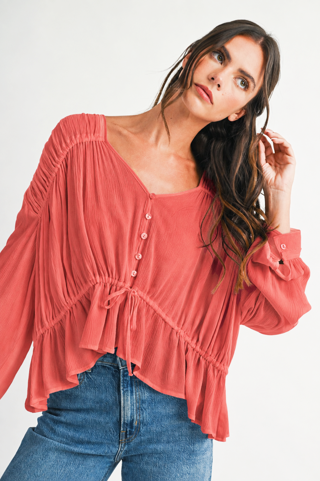 Textured Button Front Peplum Blouse