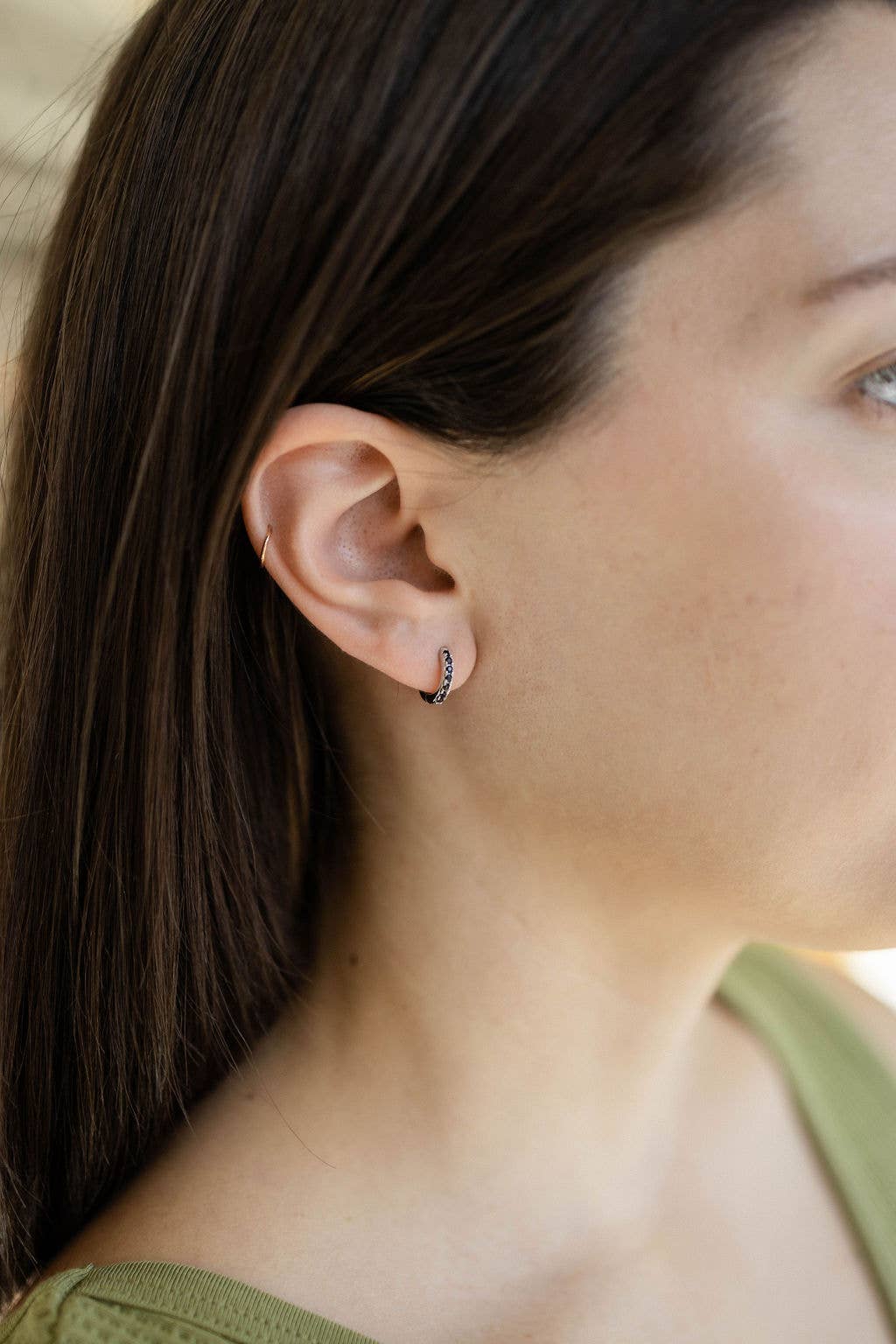 Black CZ Diamond Huggie Hoops Earrings in Silver