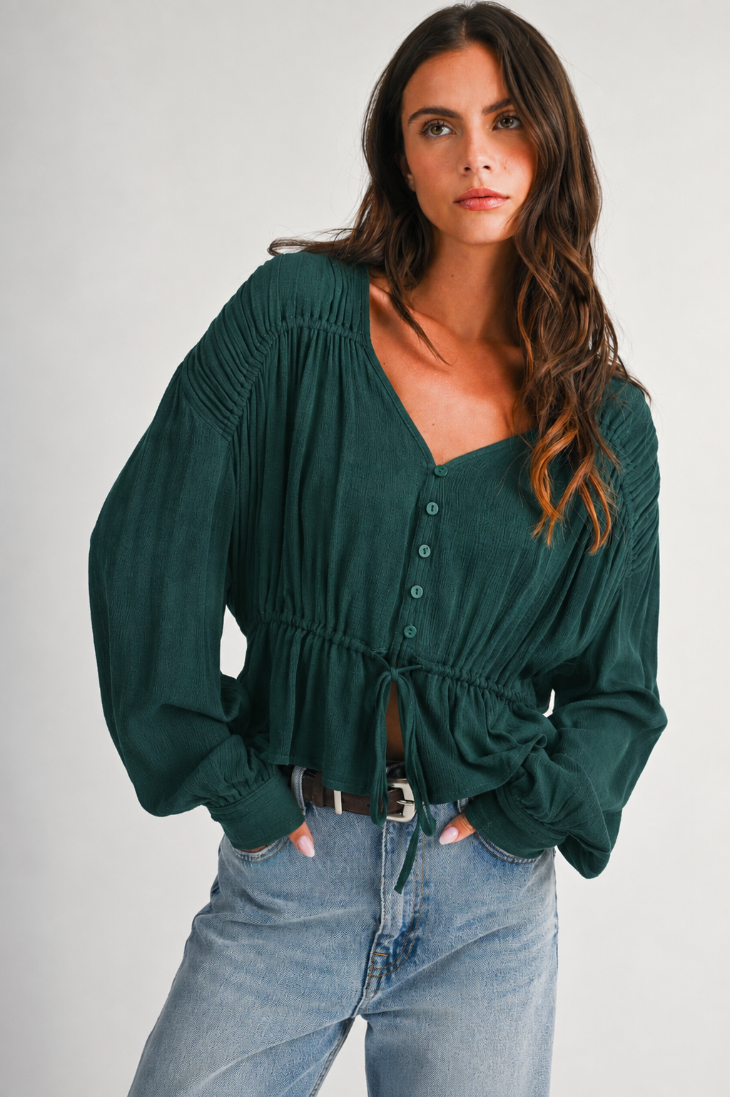 Textured Button Front Peplum Blouse