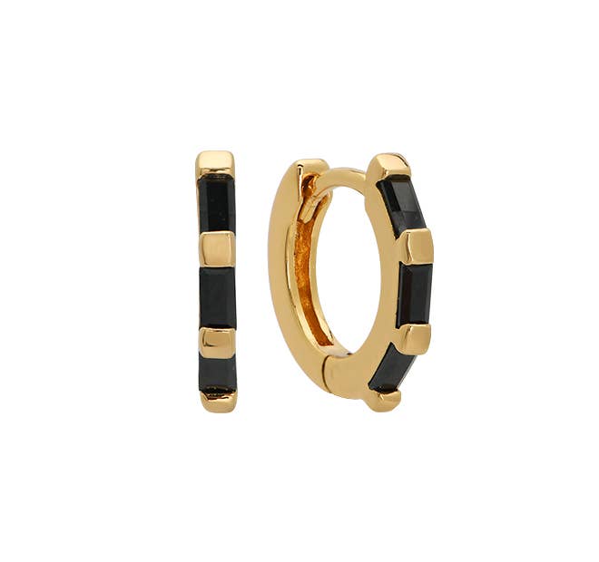 Black CZ Baguette Huggie Hoops in Gold