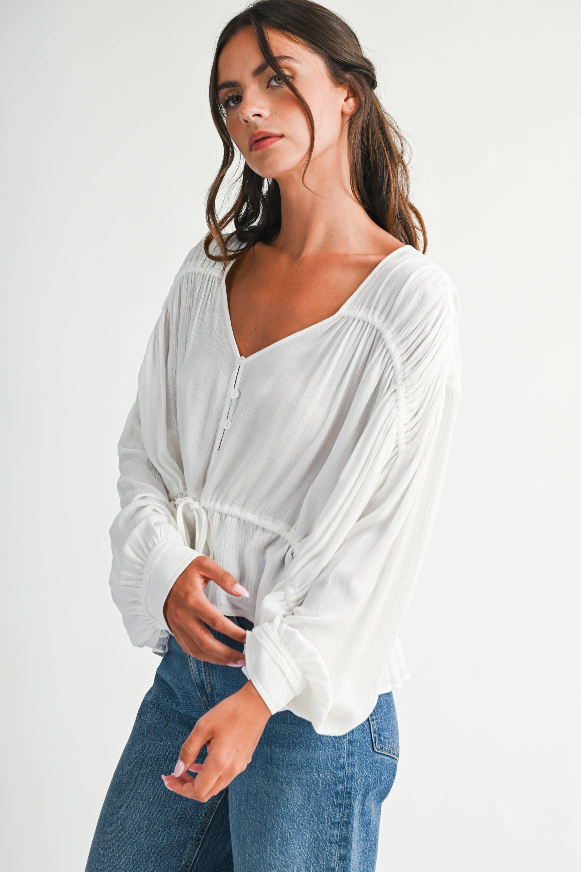 Textured Button Front Peplum Blouse
