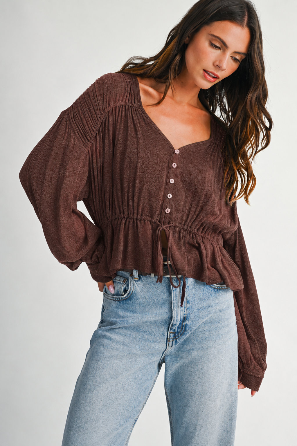 Textured Button Front Peplum Blouse