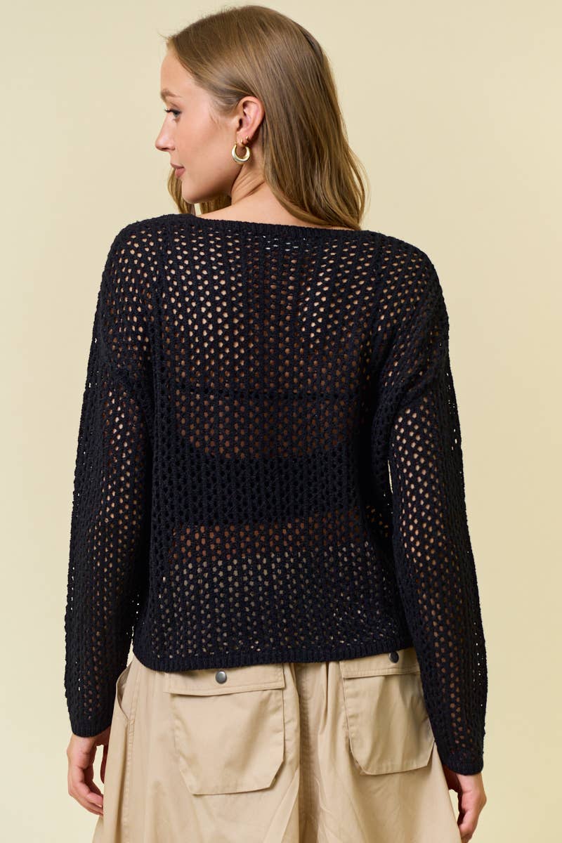 Split V-Neck Long Sleeve Open-Knit Sweater Top