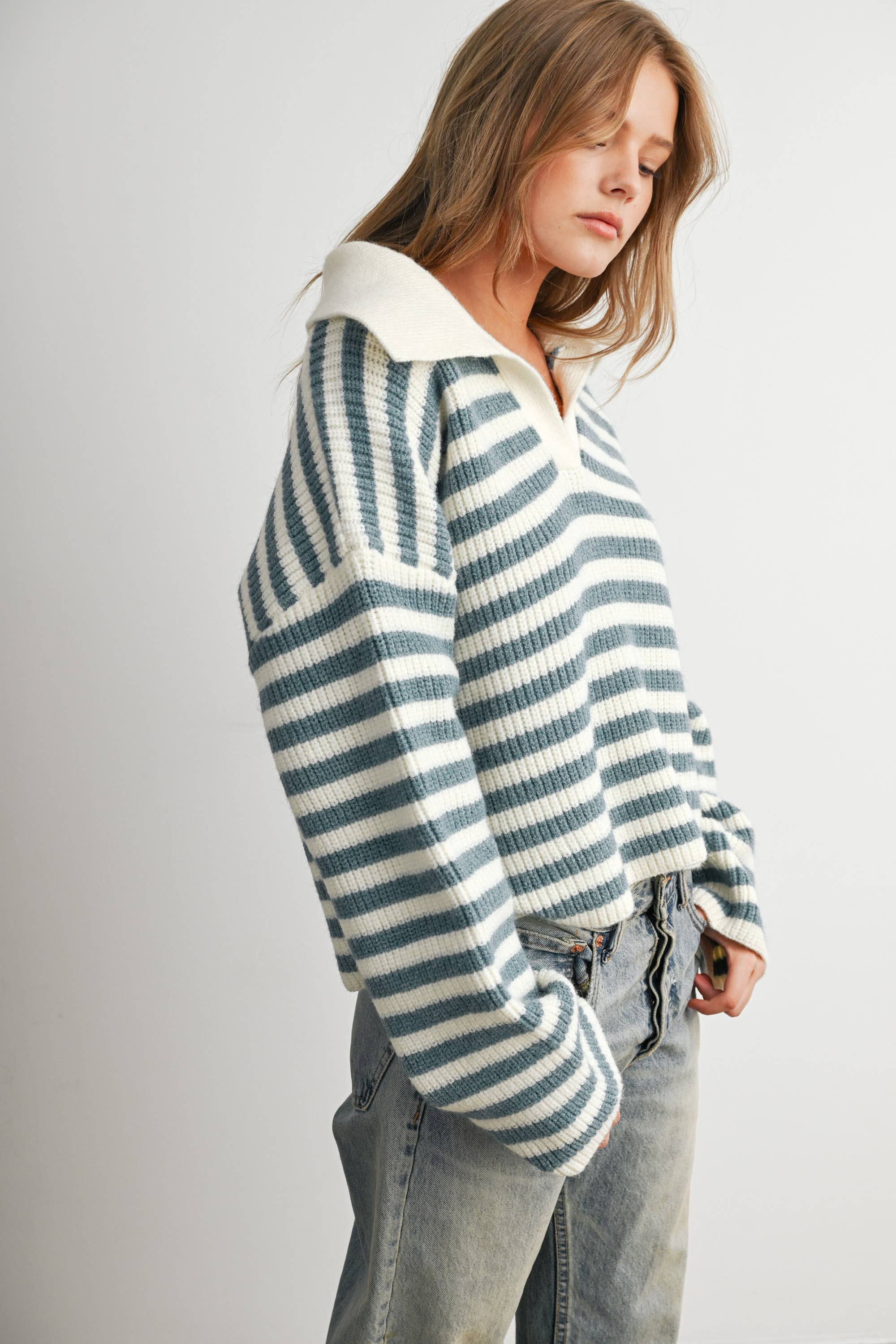 Striped Collared Knit Sweater