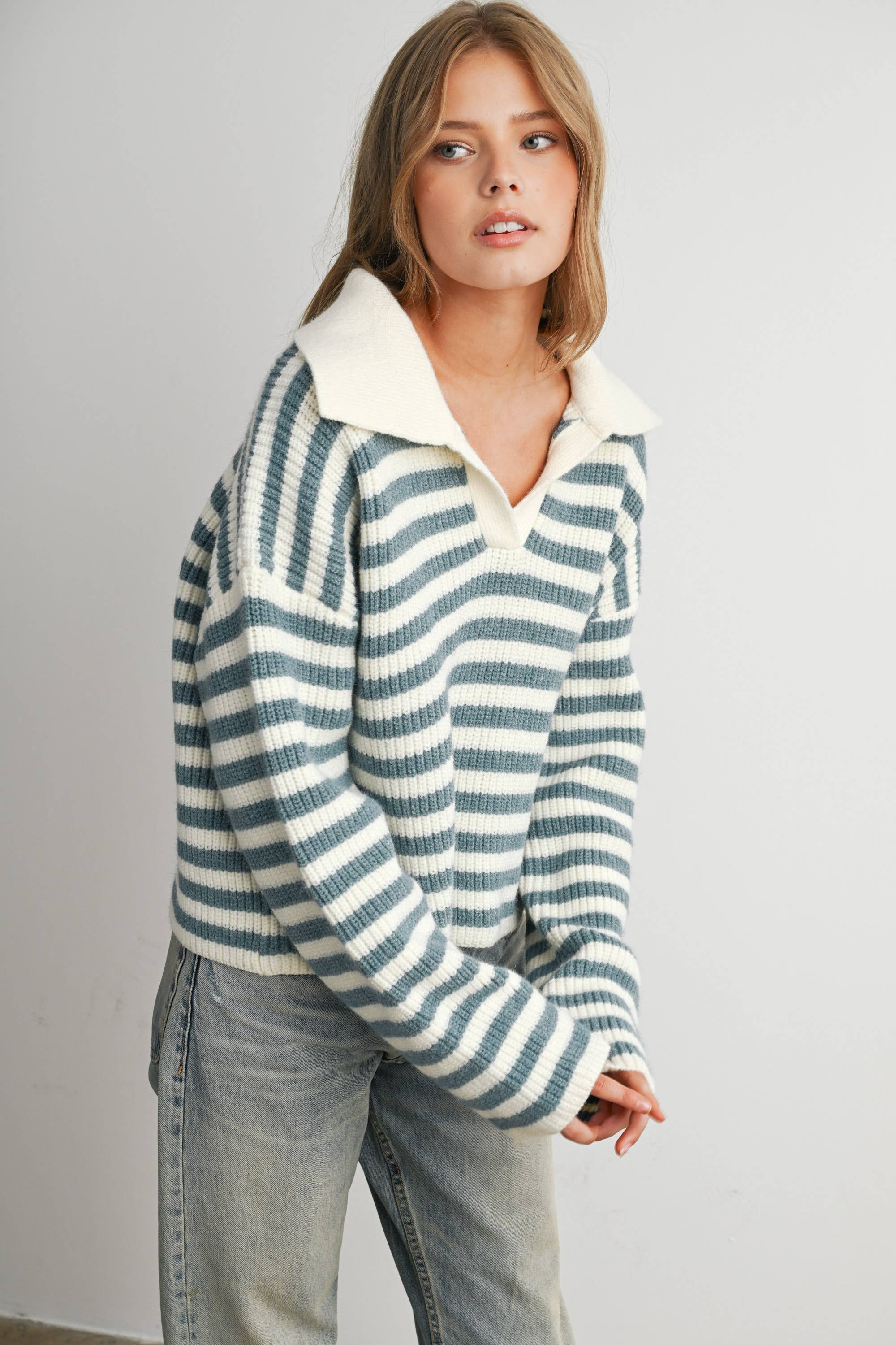 Striped Collared Knit Sweater