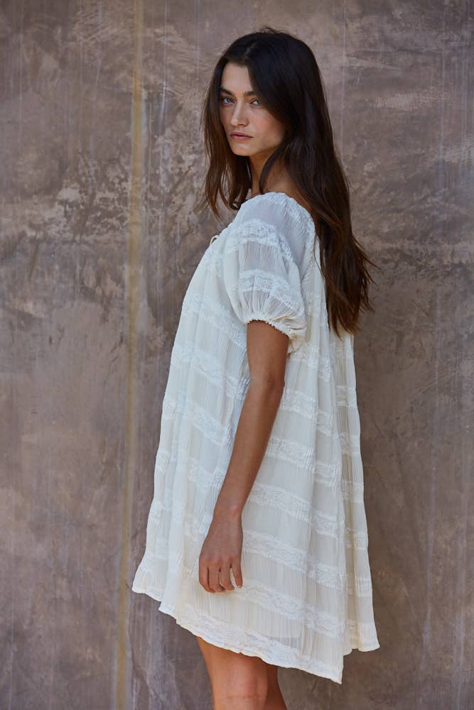 Pleated Lace Striped Mini Dress