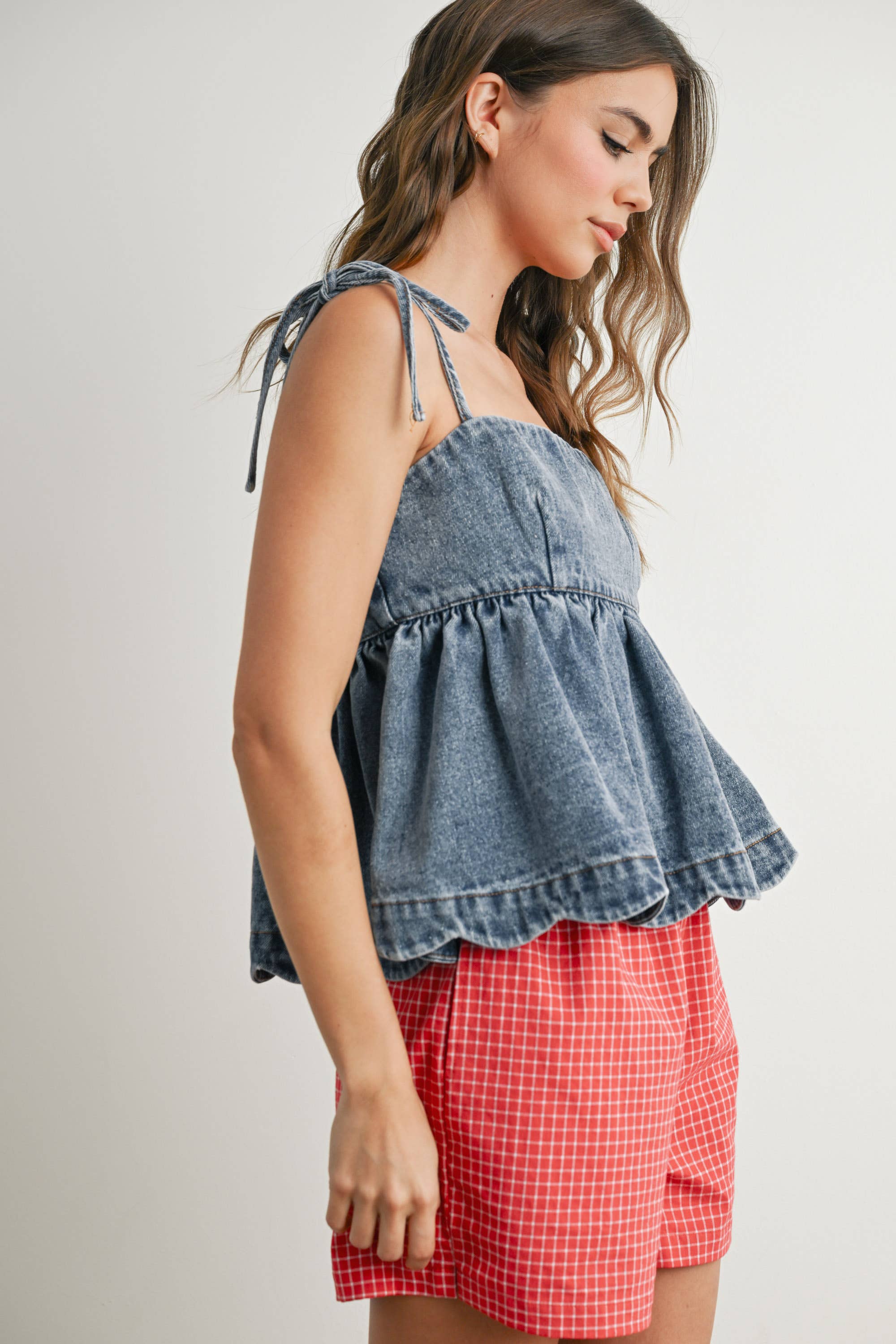 Denim Tie-Strap Peplum Top