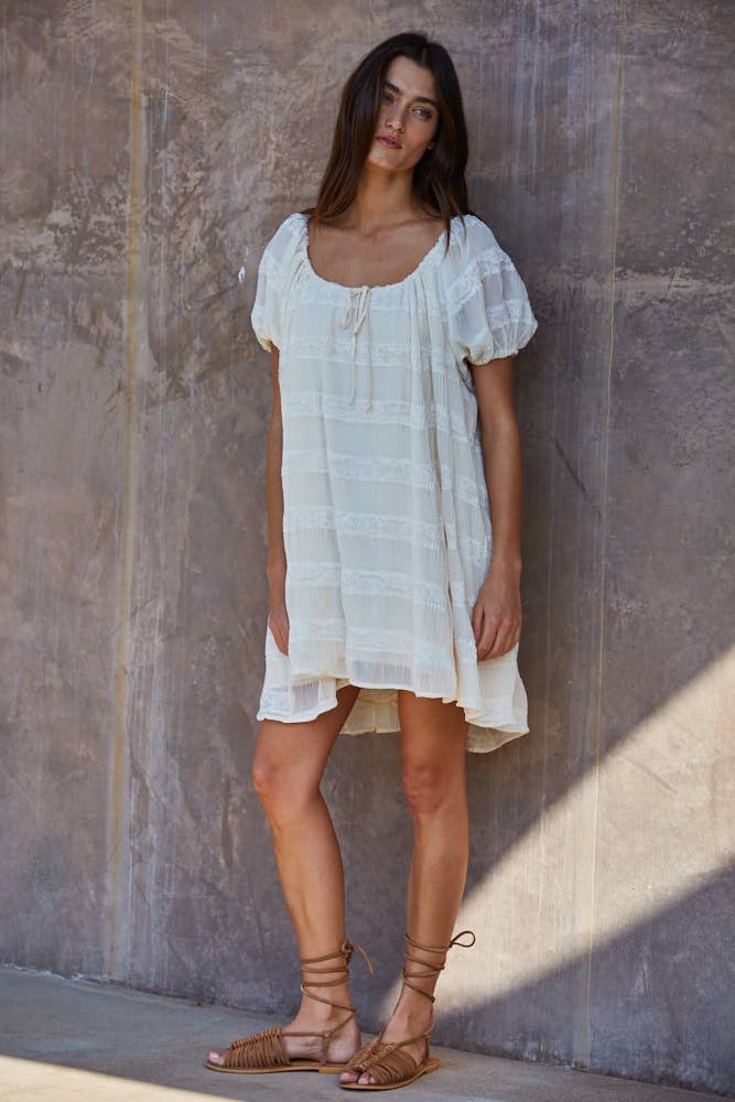 Pleated Lace Striped Mini Dress