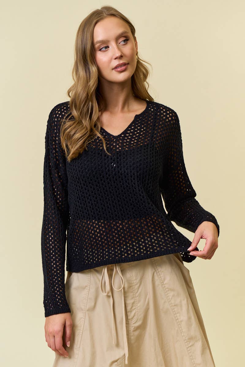 Split V-Neck Long Sleeve Open-Knit Sweater Top