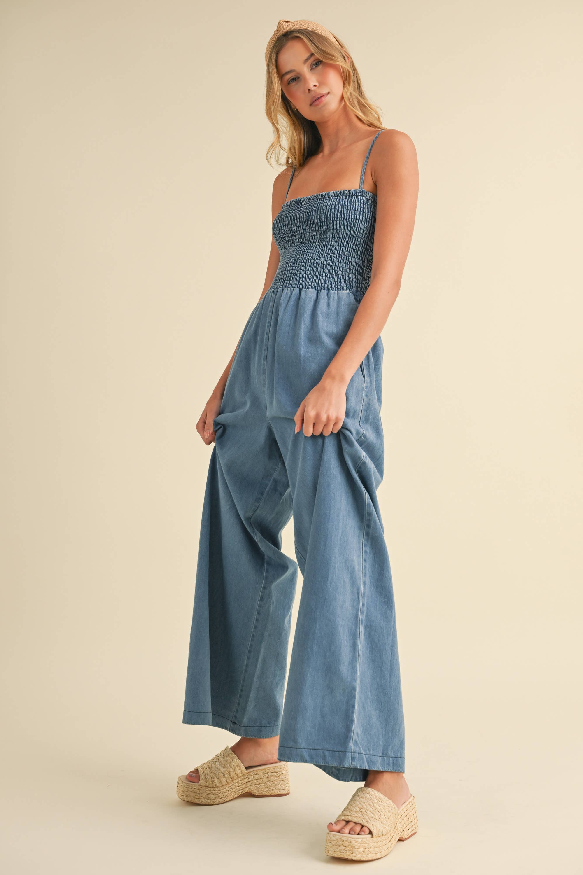 SMOCKED SPAGHETTI STRAP WIDE LEG JUMPSUIT