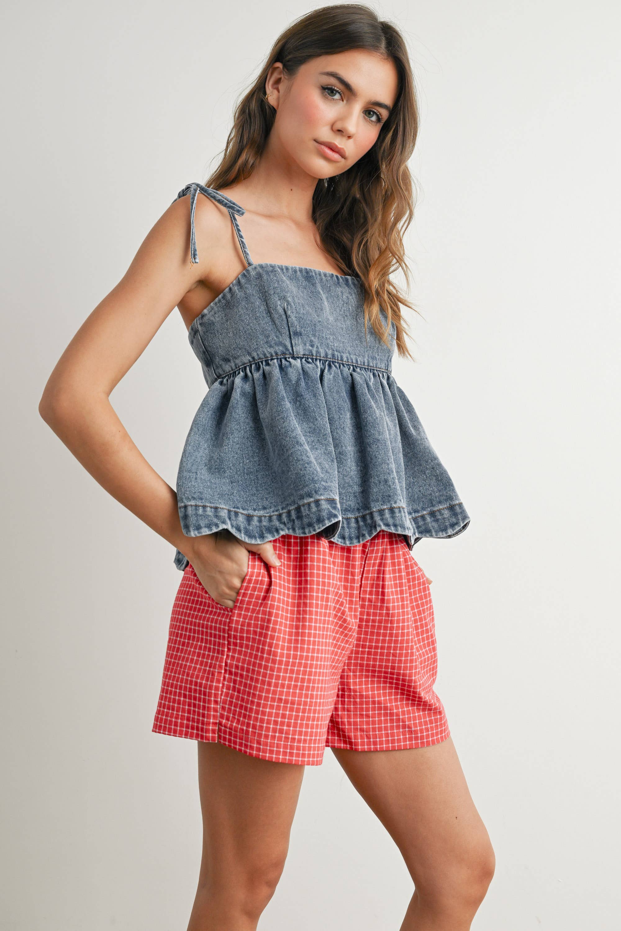Denim Tie-Strap Peplum Top