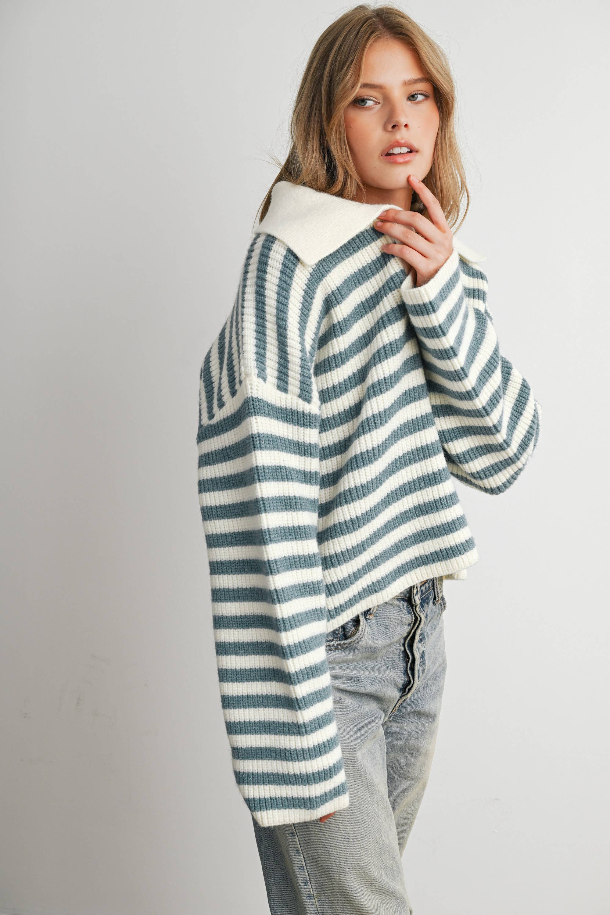 Striped Collared Knit Sweater