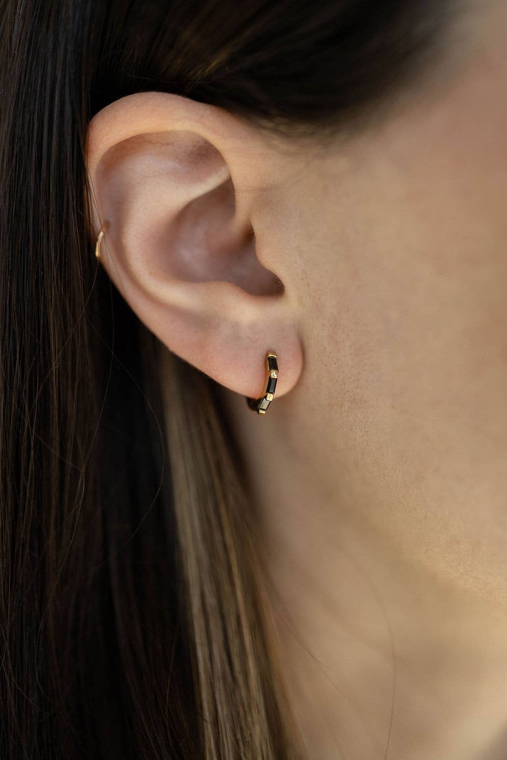 Black CZ Baguette Huggie Hoops in Gold