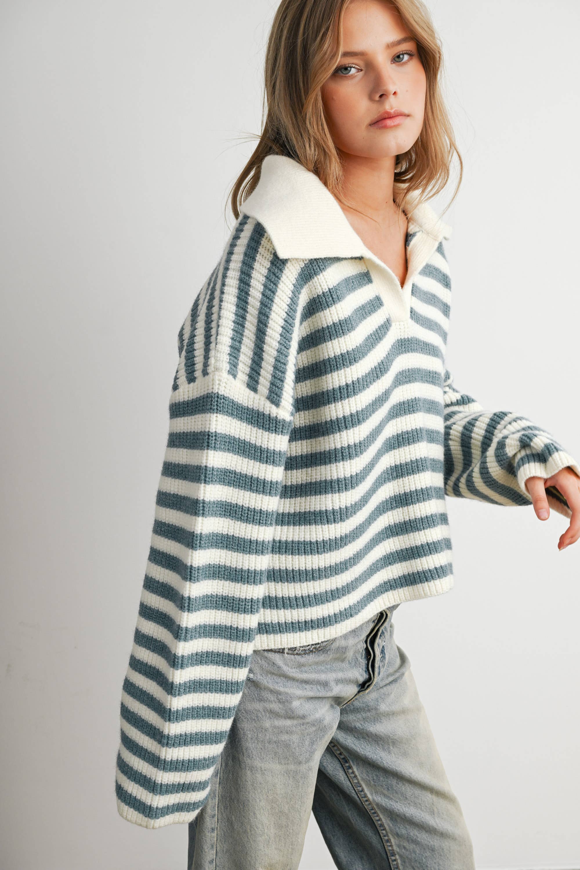 Striped Collared Knit Sweater