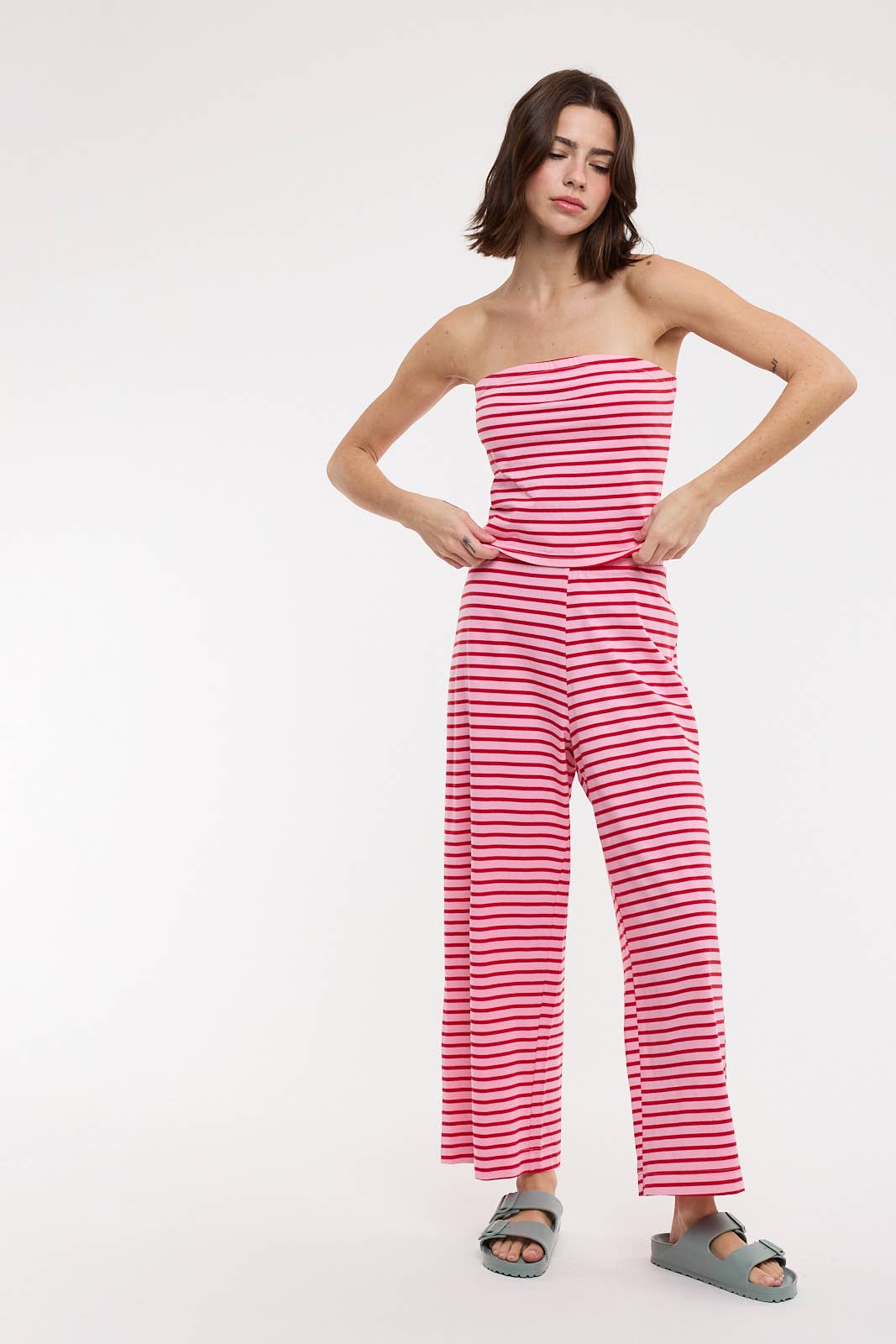 STRIPED KNIT TUBE TOP AND PANTS SET