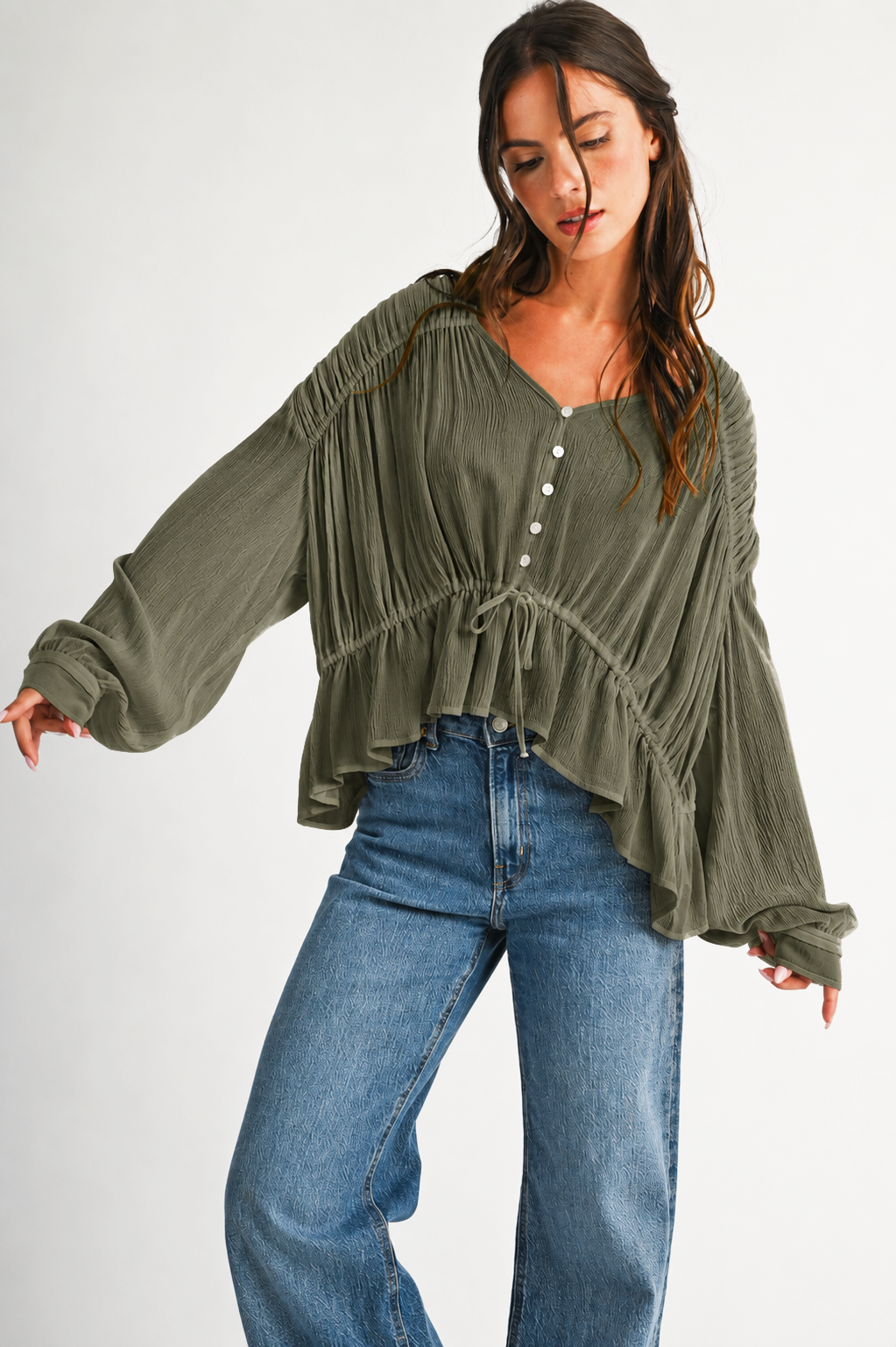 Textured Button Front Peplum Blouse