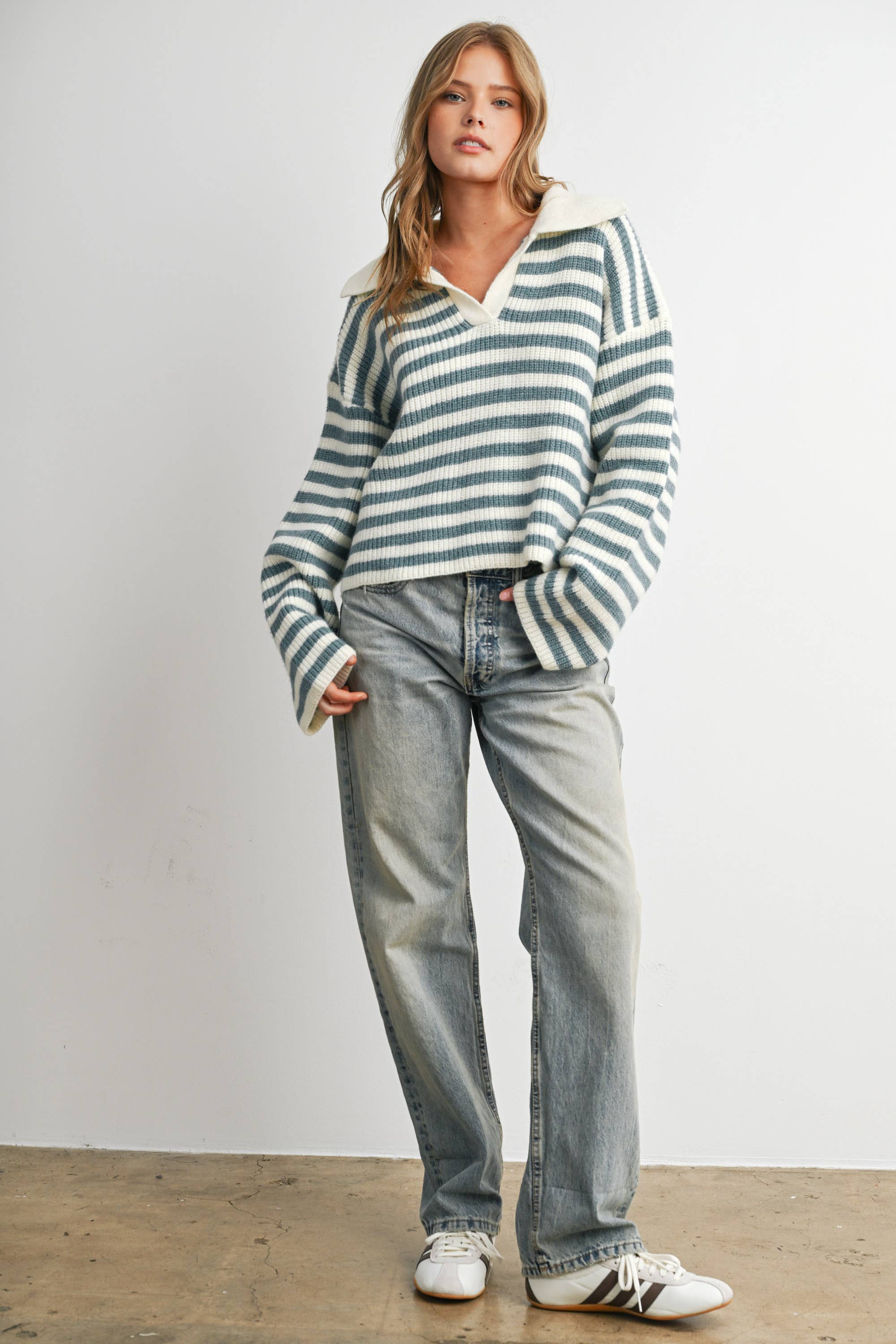 Striped Collared Knit Sweater