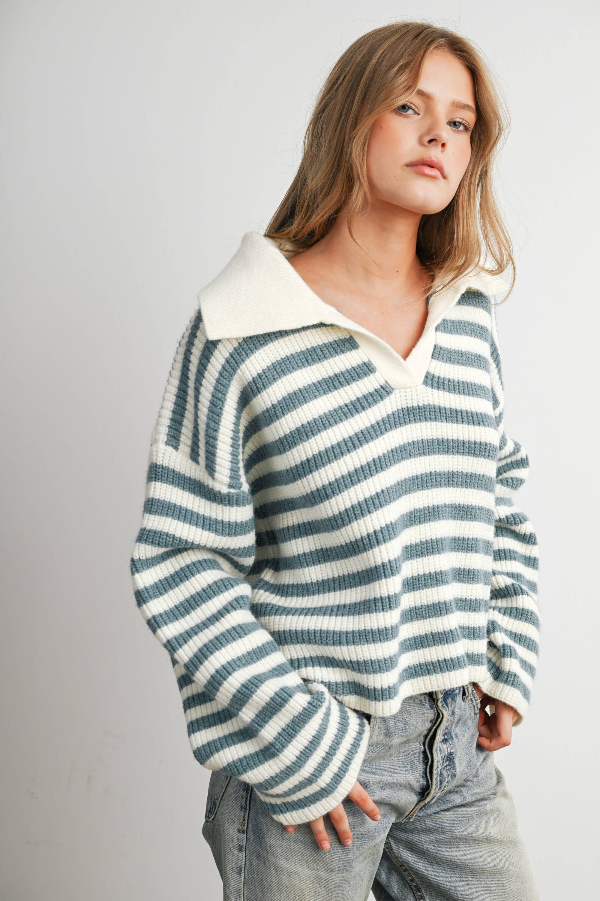 Striped Collared Knit Sweater
