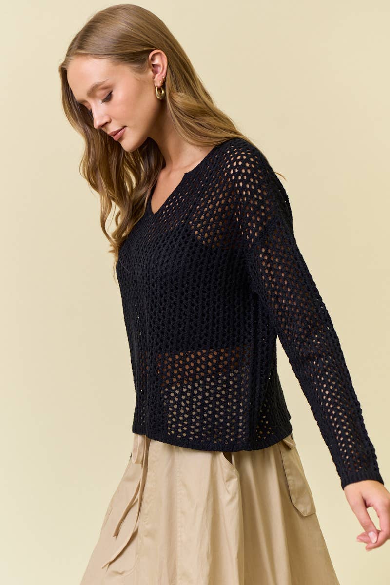 Split V-Neck Long Sleeve Open-Knit Sweater Top