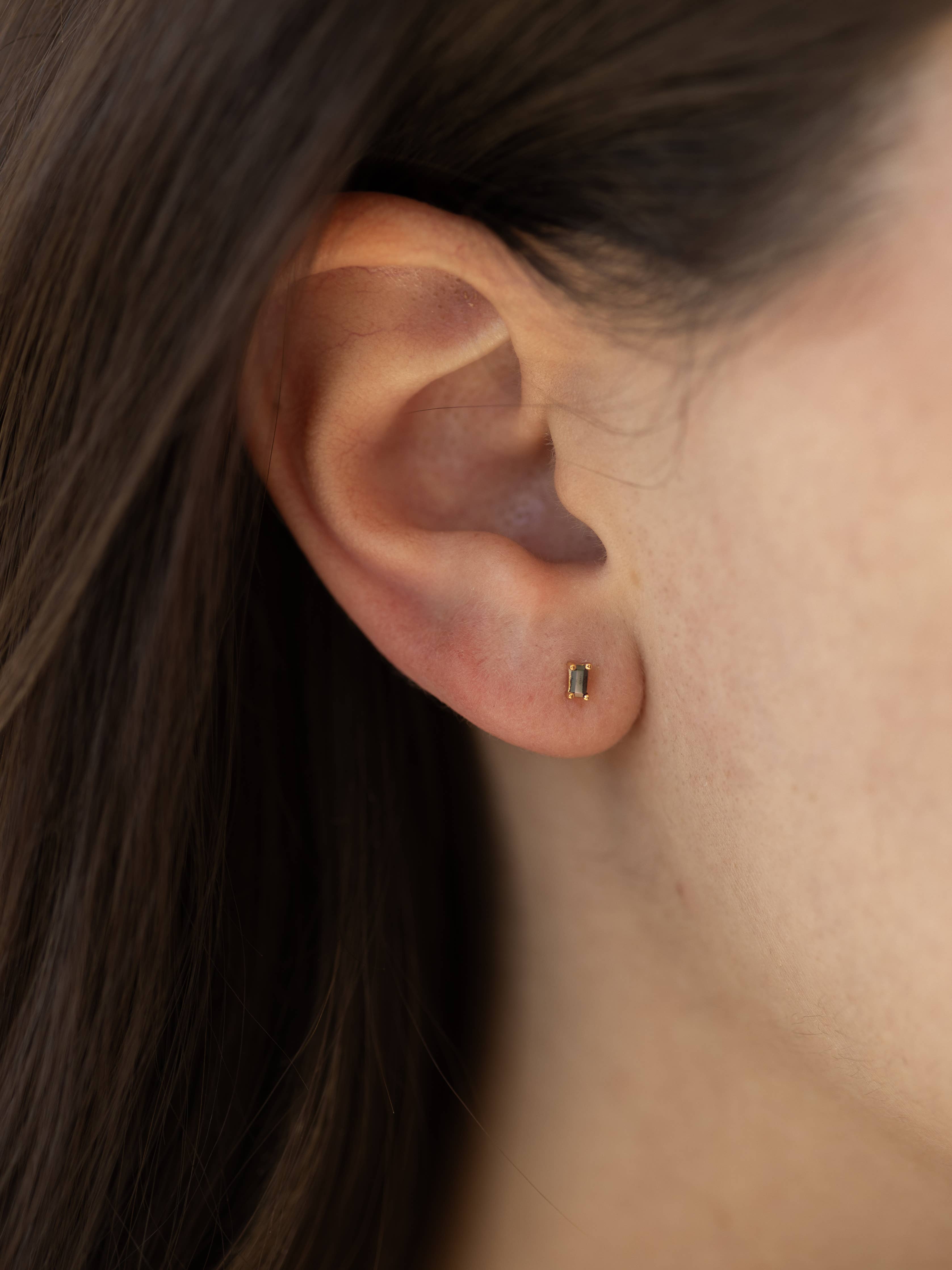 Dara Black CZ Baguette Stud Earrings in Gold