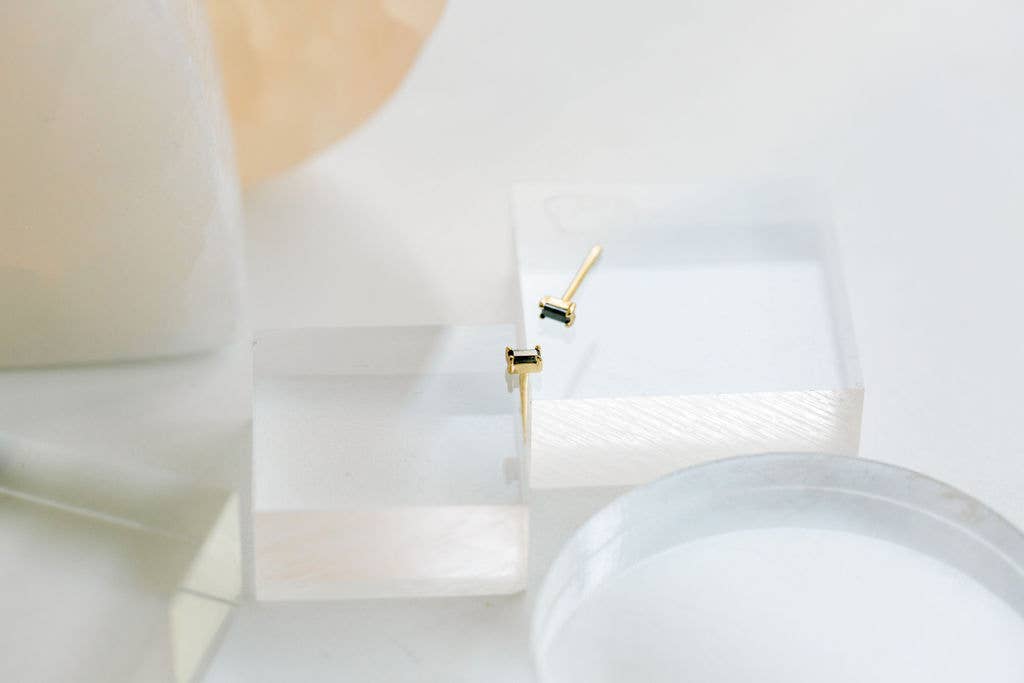 Dara Black CZ Baguette Stud Earrings in Gold