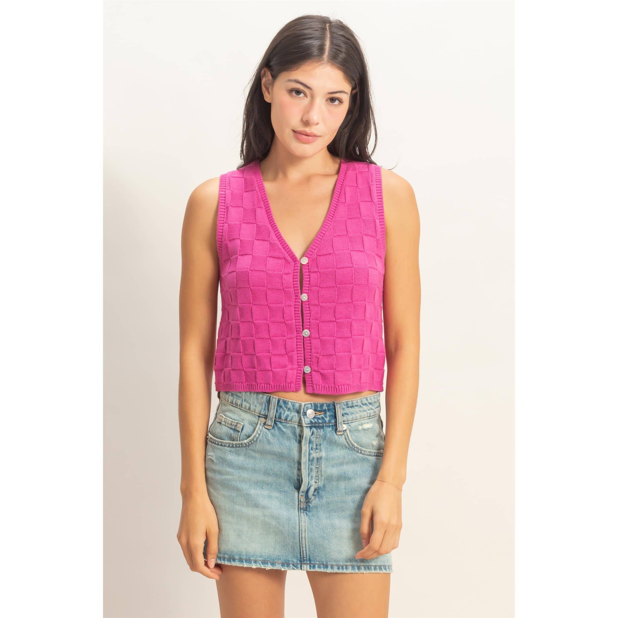 Checkered V-Neck Sleeveless Vest