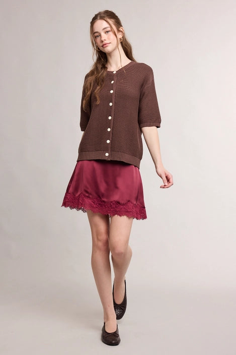 Lace-Trim Satin Mini Skirt with Built-In Shorts