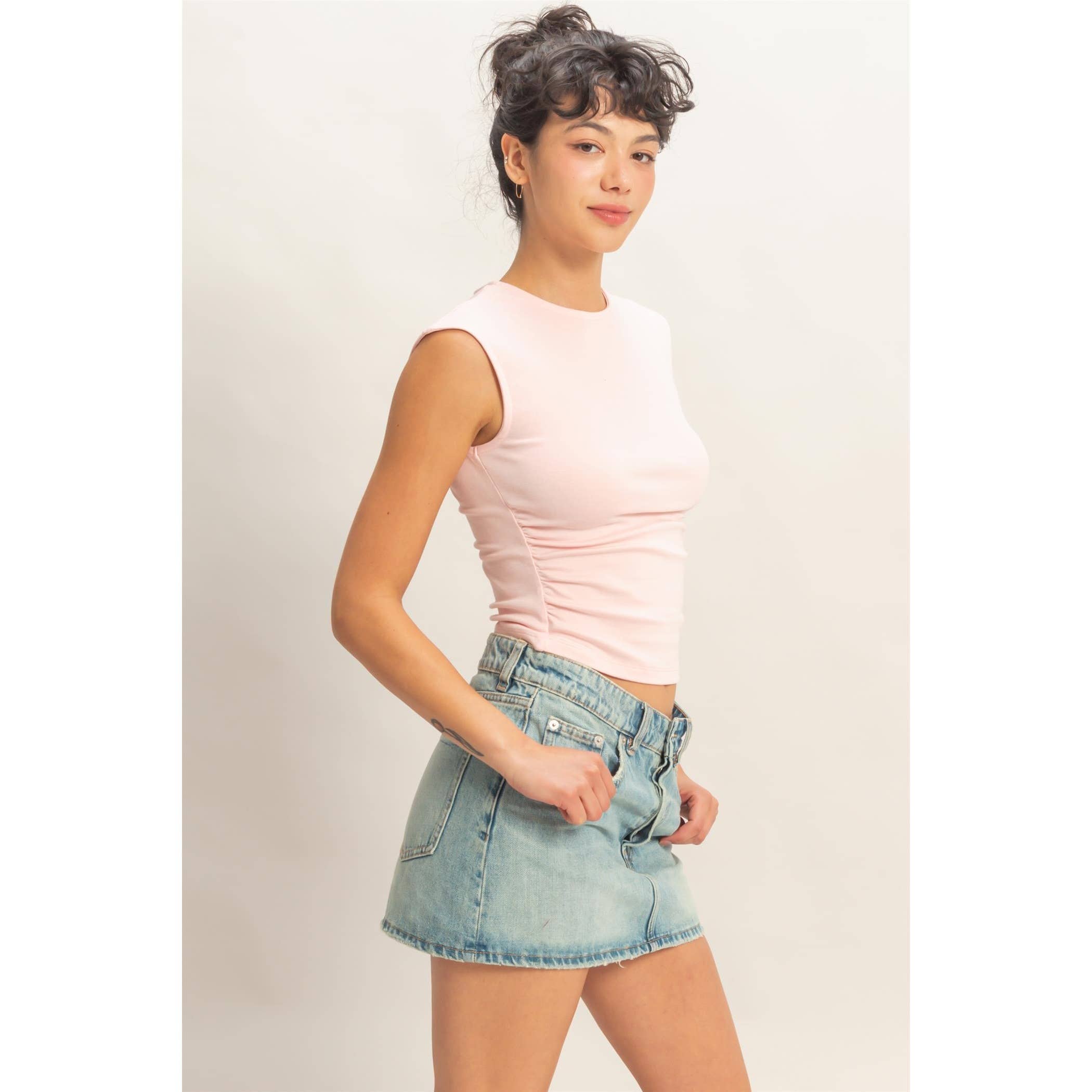 Ruched Waist Cap Sleeve Top