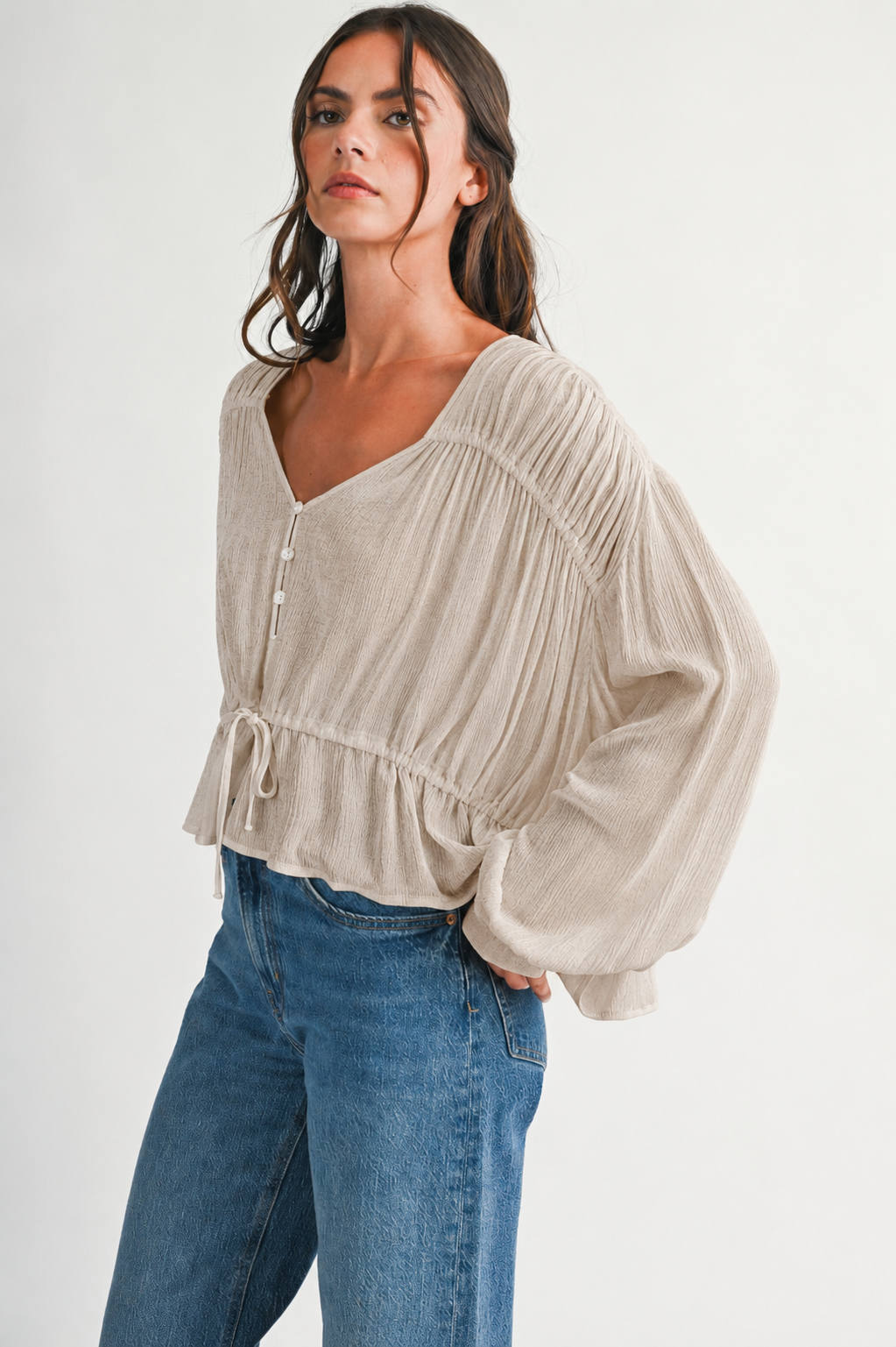 Textured Button Front Peplum Blouse