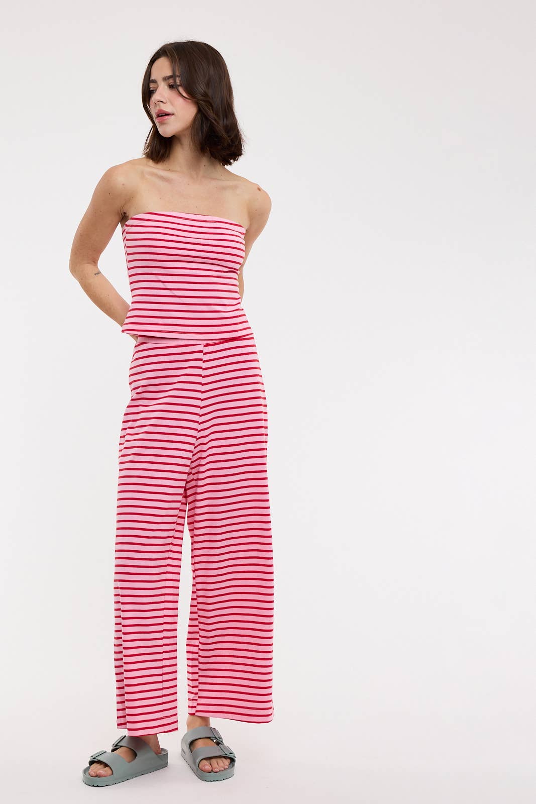 STRIPED KNIT TUBE TOP AND PANTS SET