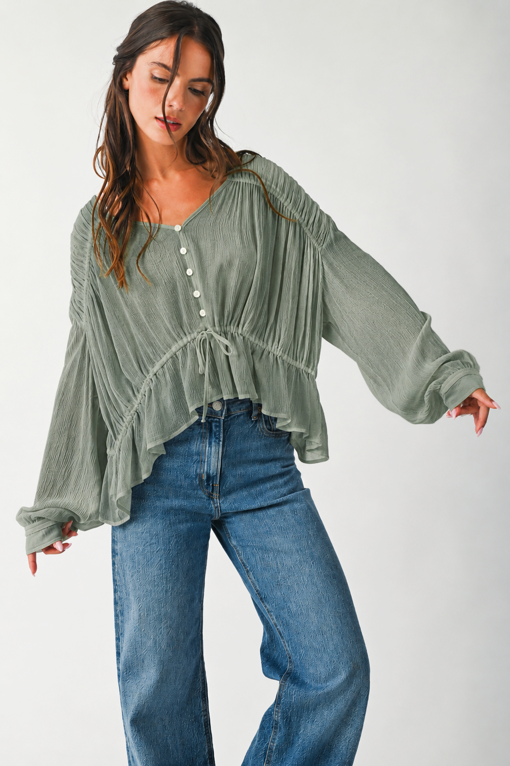 Textured Button Front Peplum Blouse