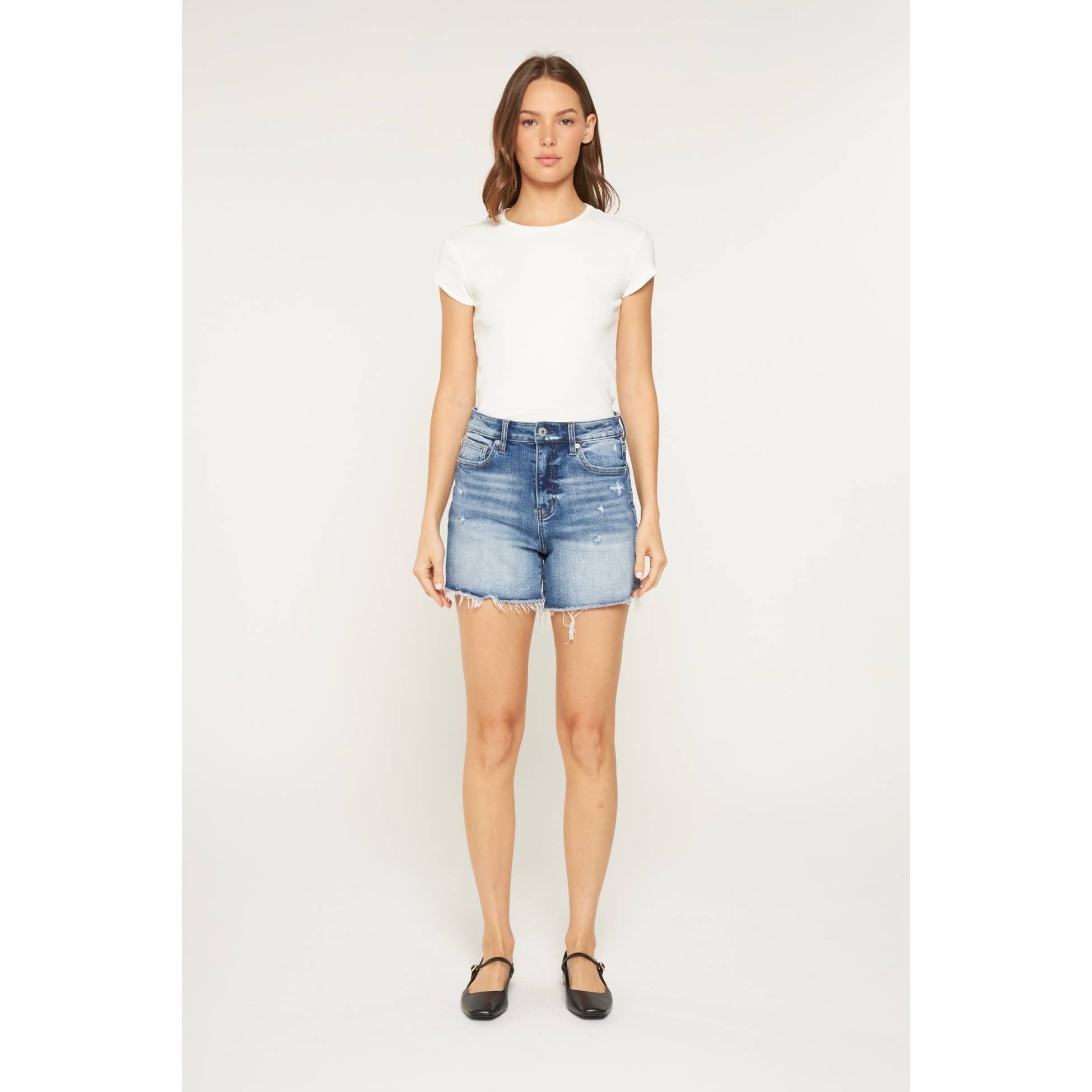 SUPER HIGH RAW HEM MID LENGTH SHORTS