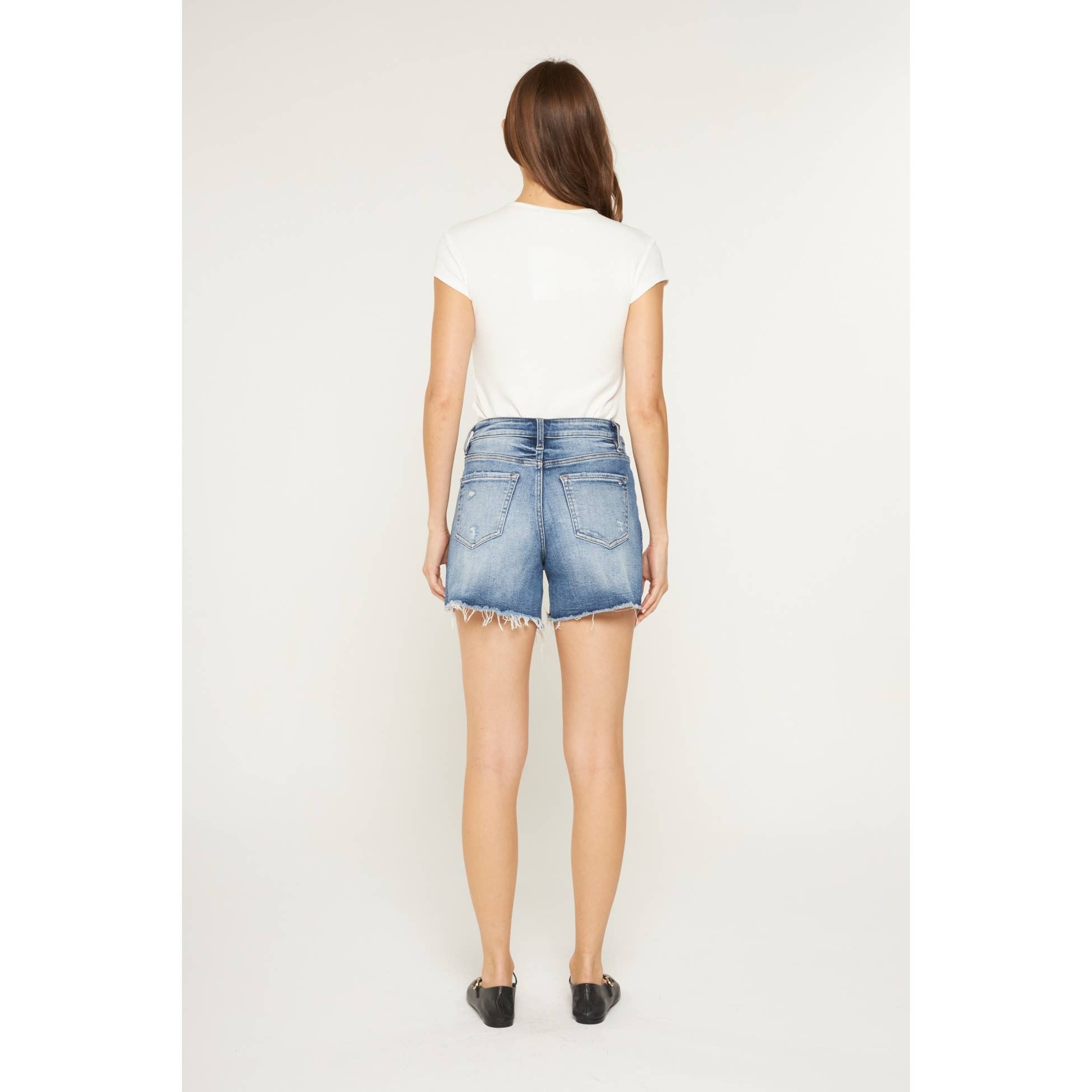 SUPER HIGH RAW HEM MID LENGTH SHORTS