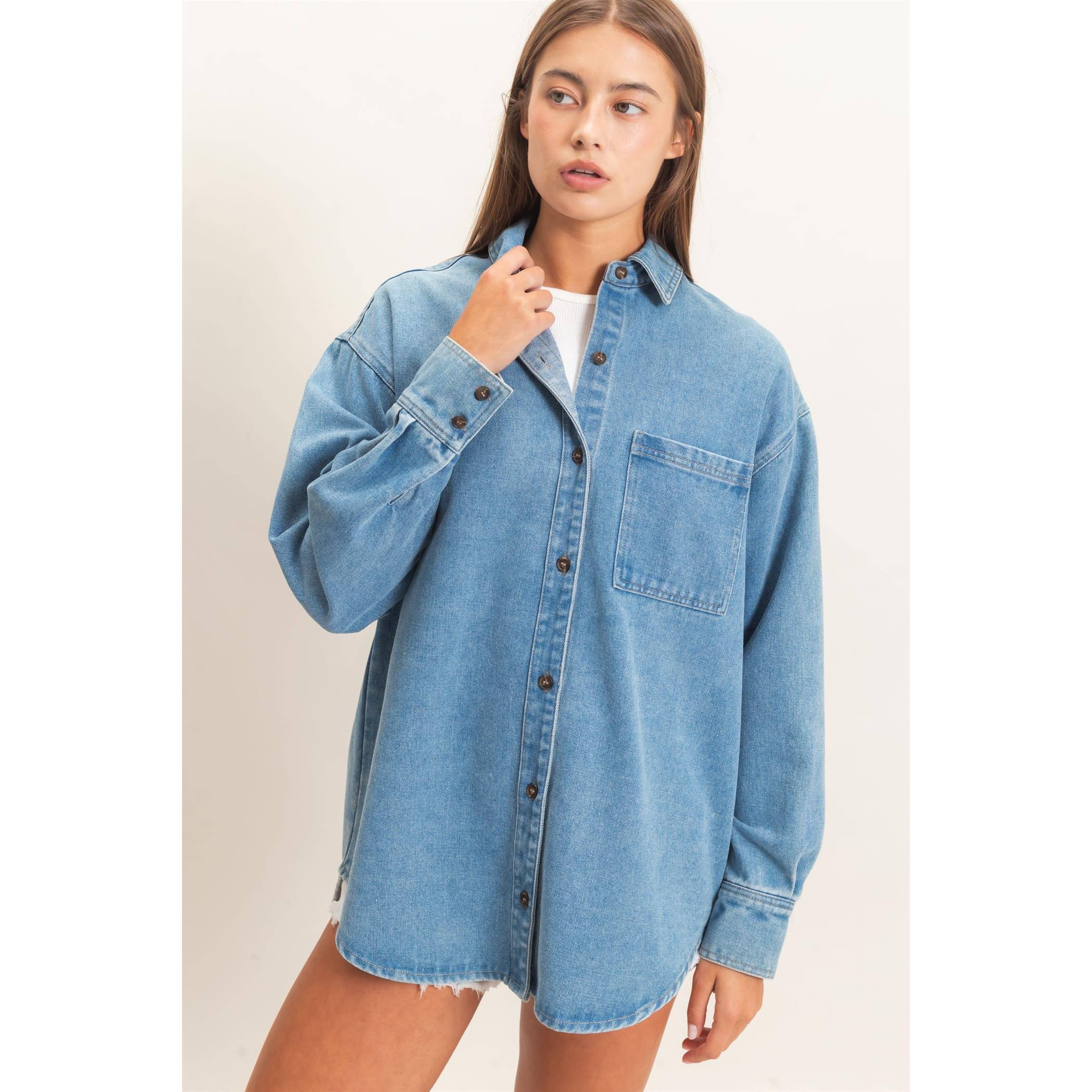 Denim Button-Up Collar Shirt